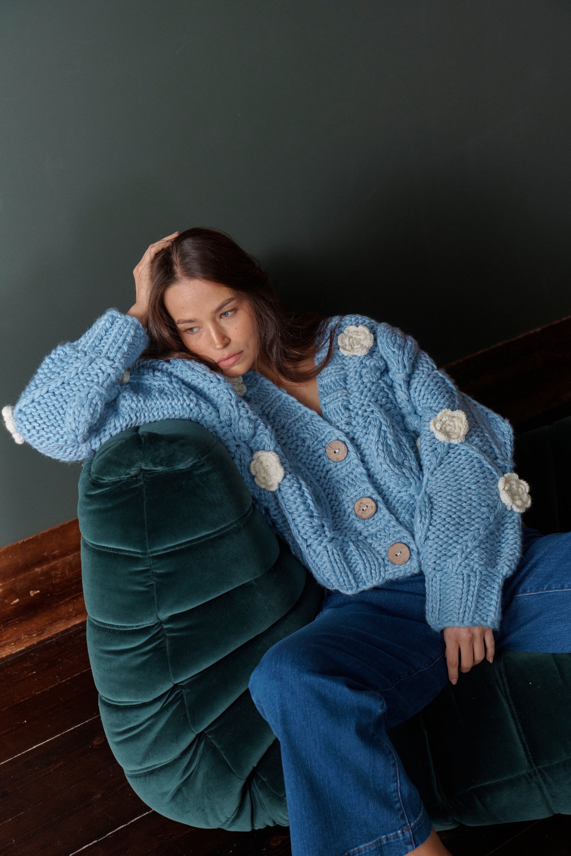 Alexa Knit - Soft Blue with Ecru Flowers - Kireina Australia