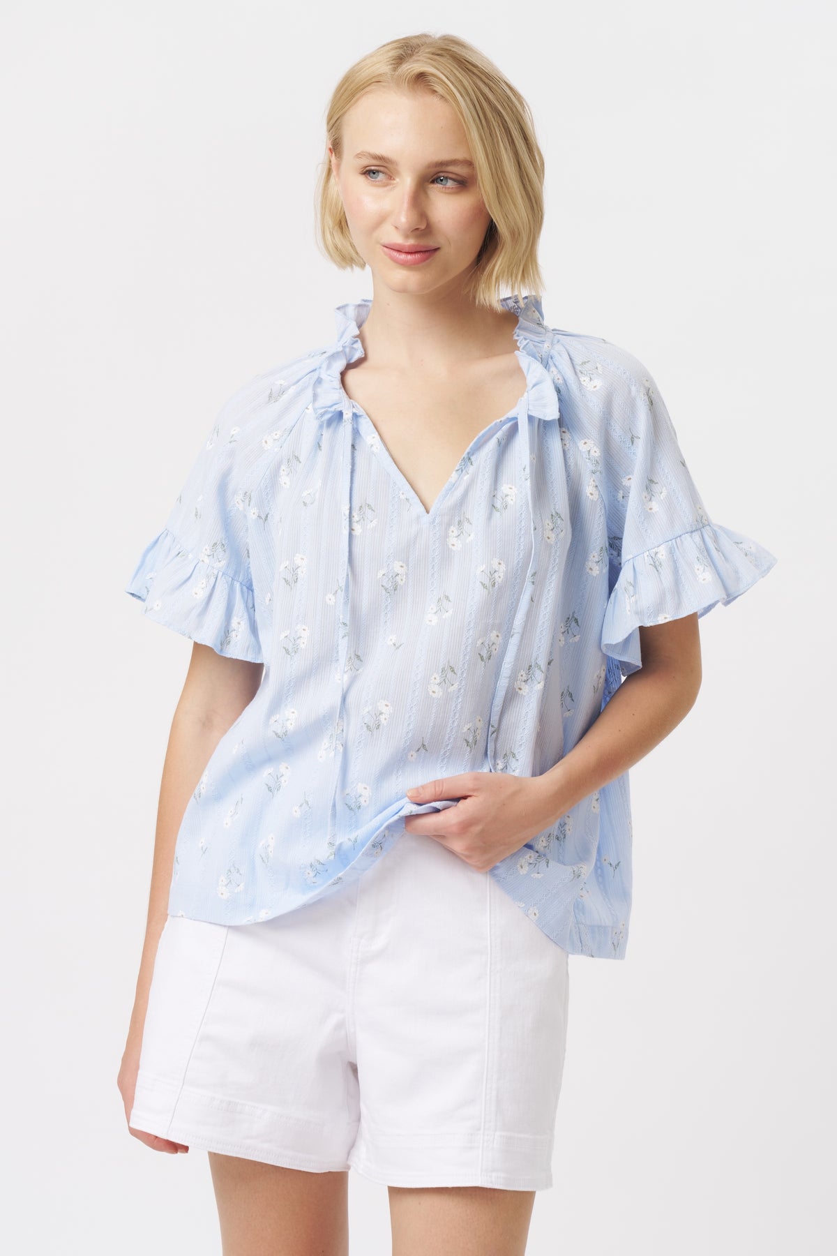 Patricia Shirt - Powder Blue w/White & Green Flower