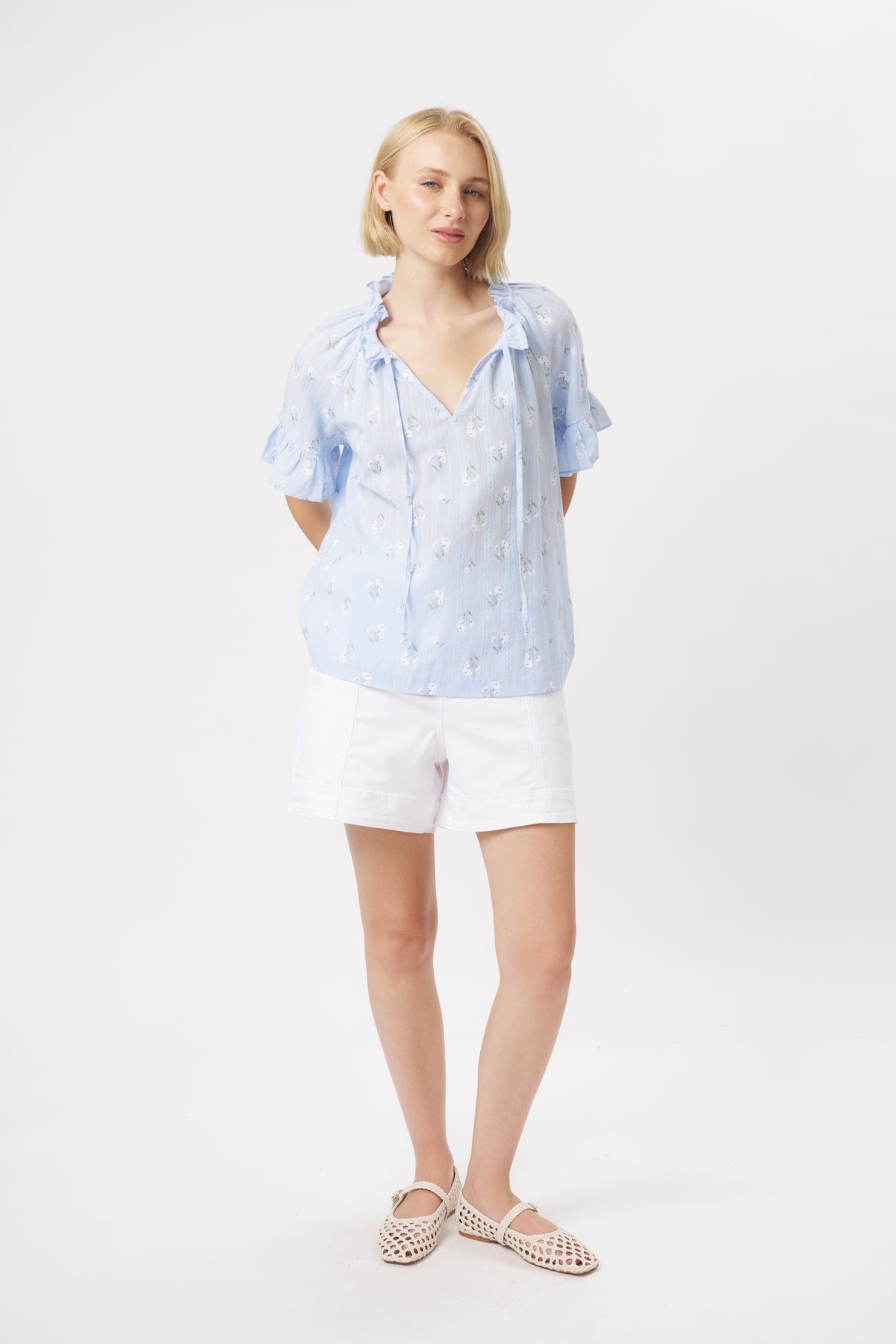 Patricia Shirt - Powder Blue w/White & Green Flower