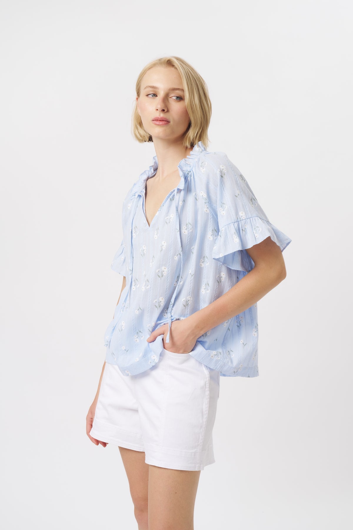 Patricia Shirt - Powder Blue w/White & Green Flower