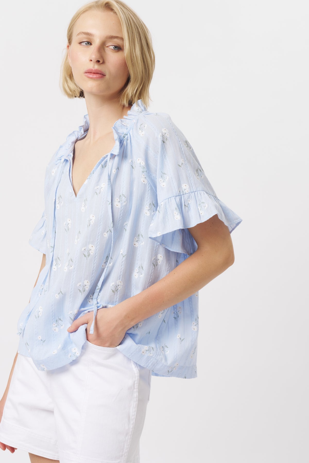 Patricia Shirt - Powder Blue w/White & Green Flower
