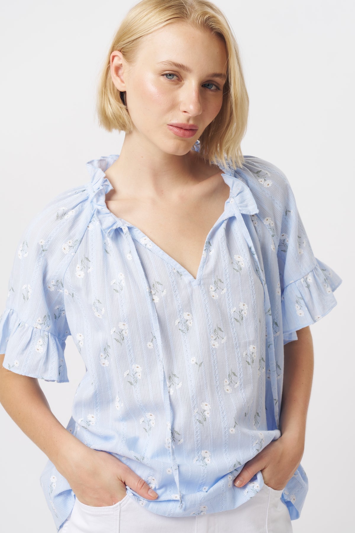 Patricia Shirt - Powder Blue w/White & Green Flower