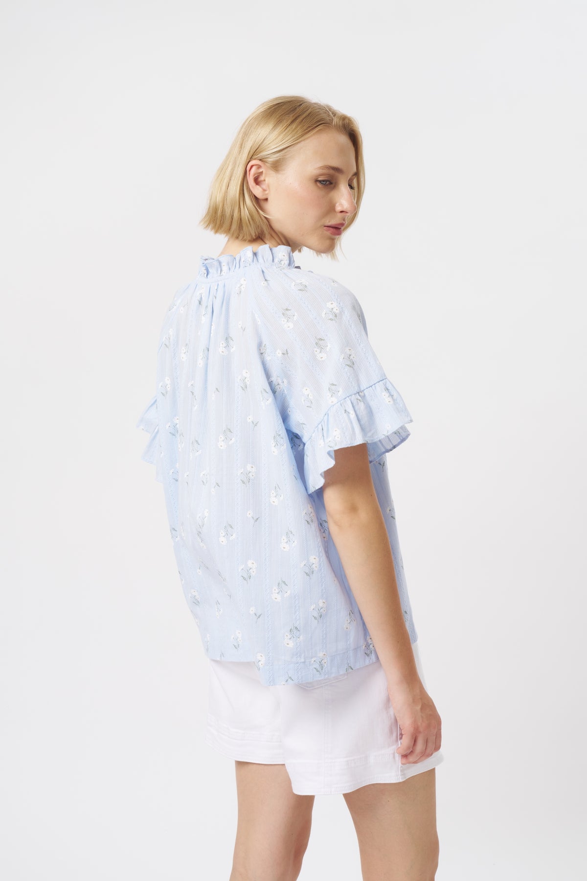 Patricia Shirt - Powder Blue w/White & Green Flower