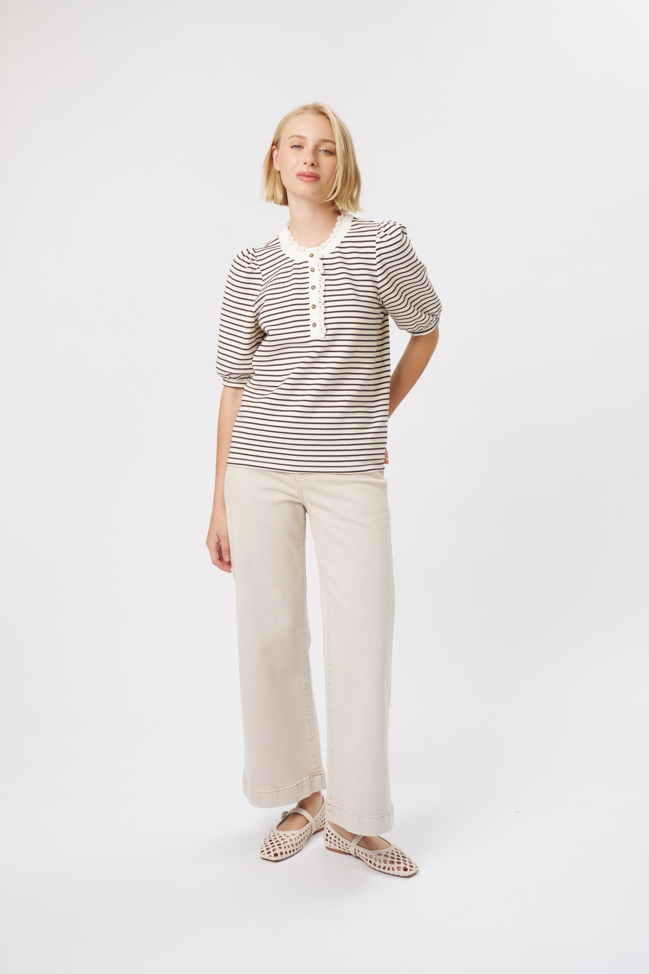 Jacqueline Top - White w/Brown Stripe
