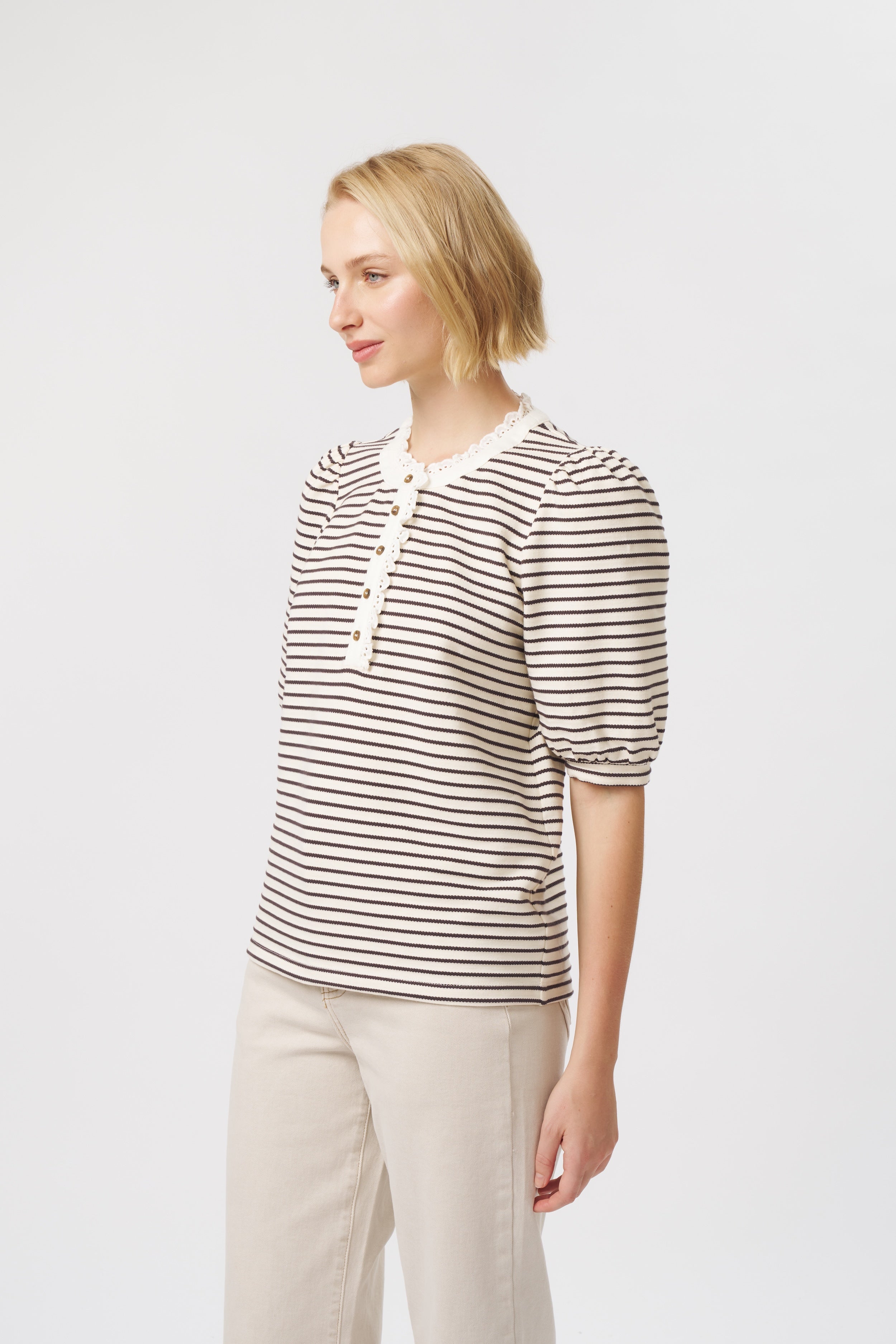Jacqueline Top - White w/Brown Stripe