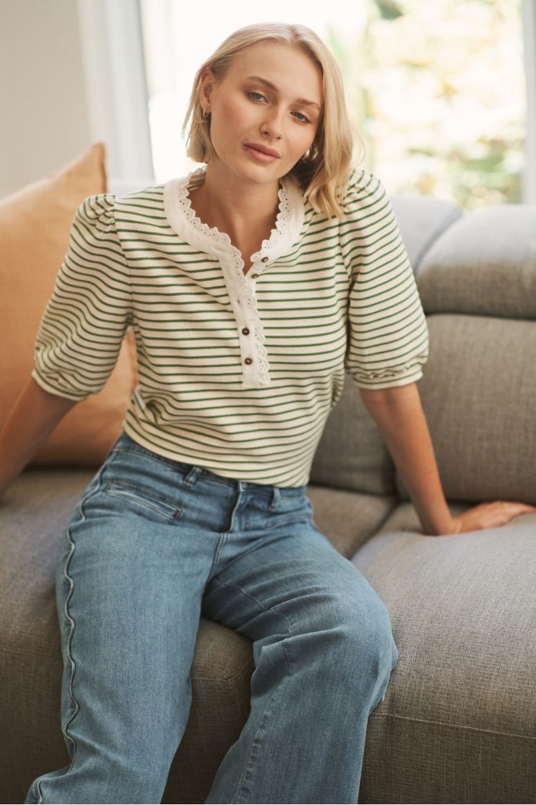 Jacqueline Top - White w/Green Stripe