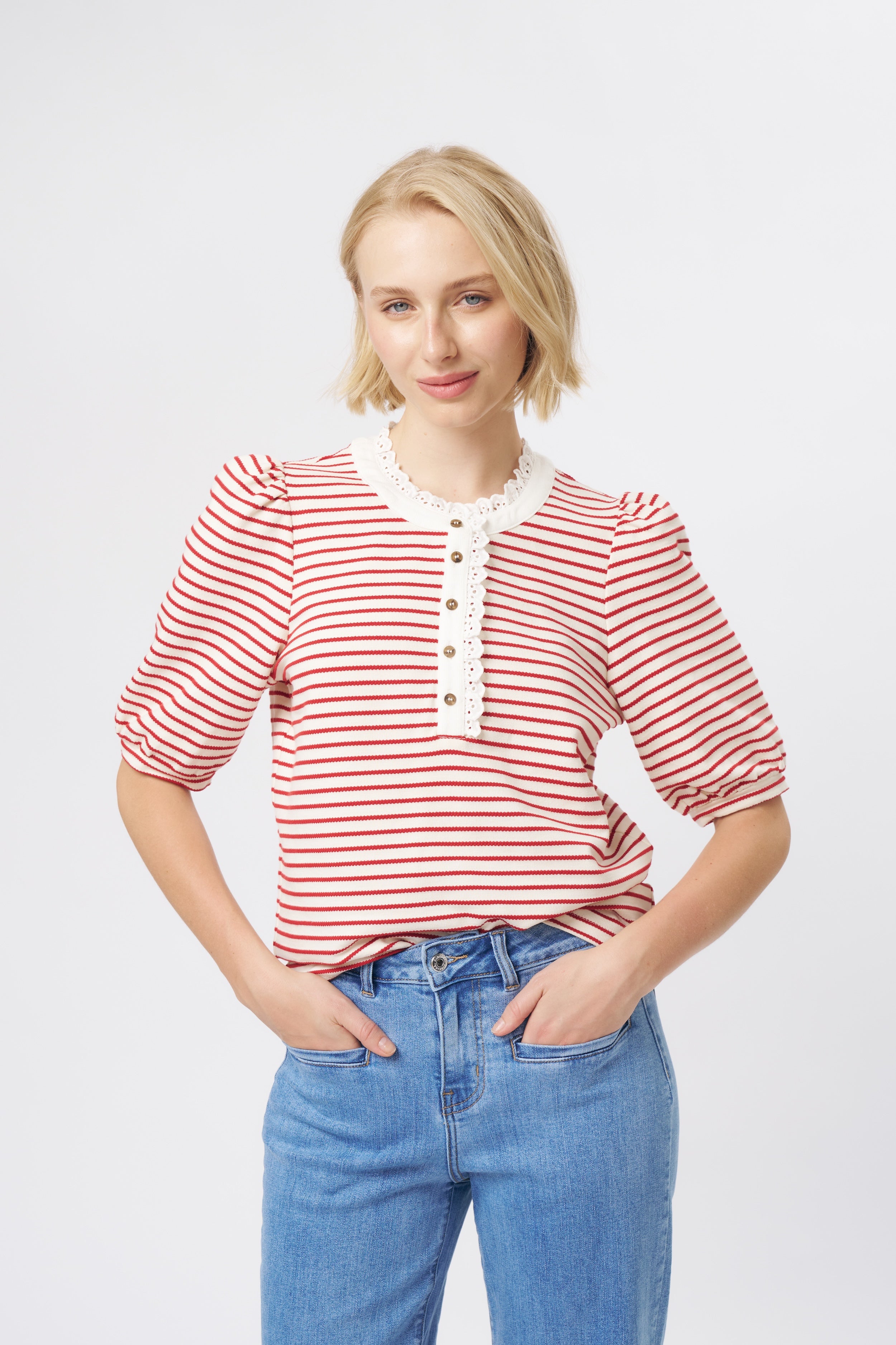 Jacqueline Top - White w/Red Stripe