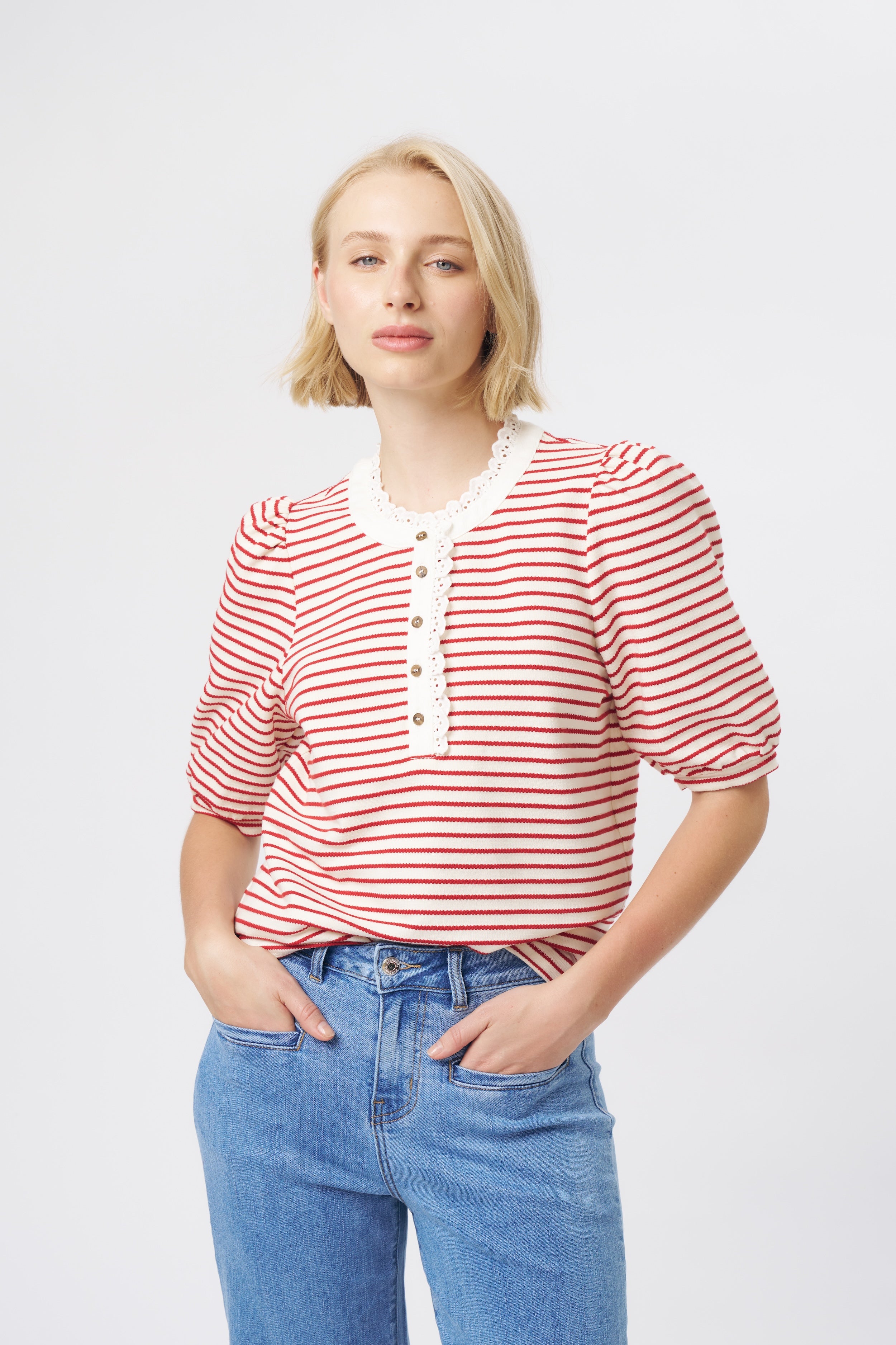 Jacqueline Top - White w/Red Stripe