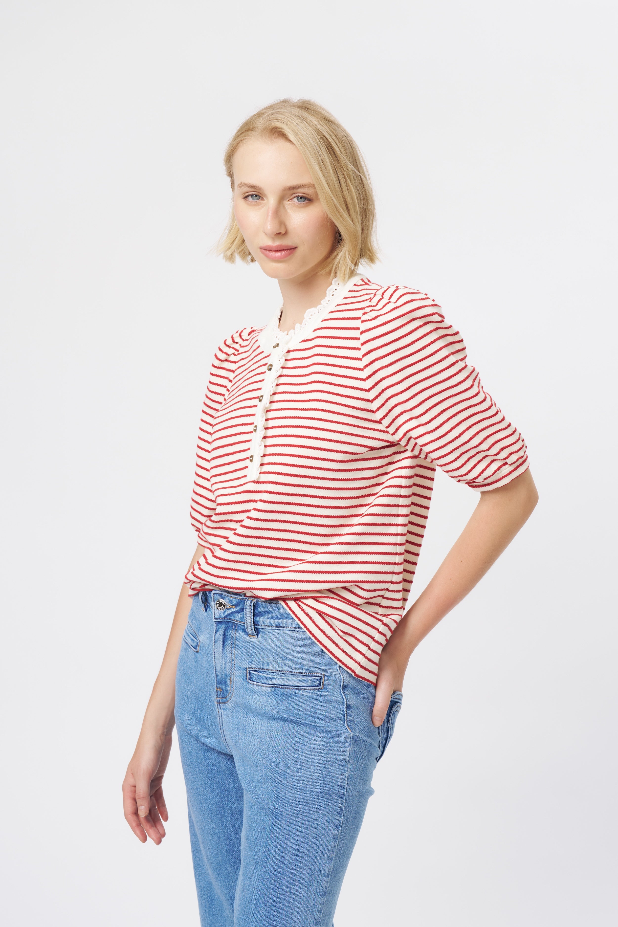Jacqueline Top - White w/Red Stripe
