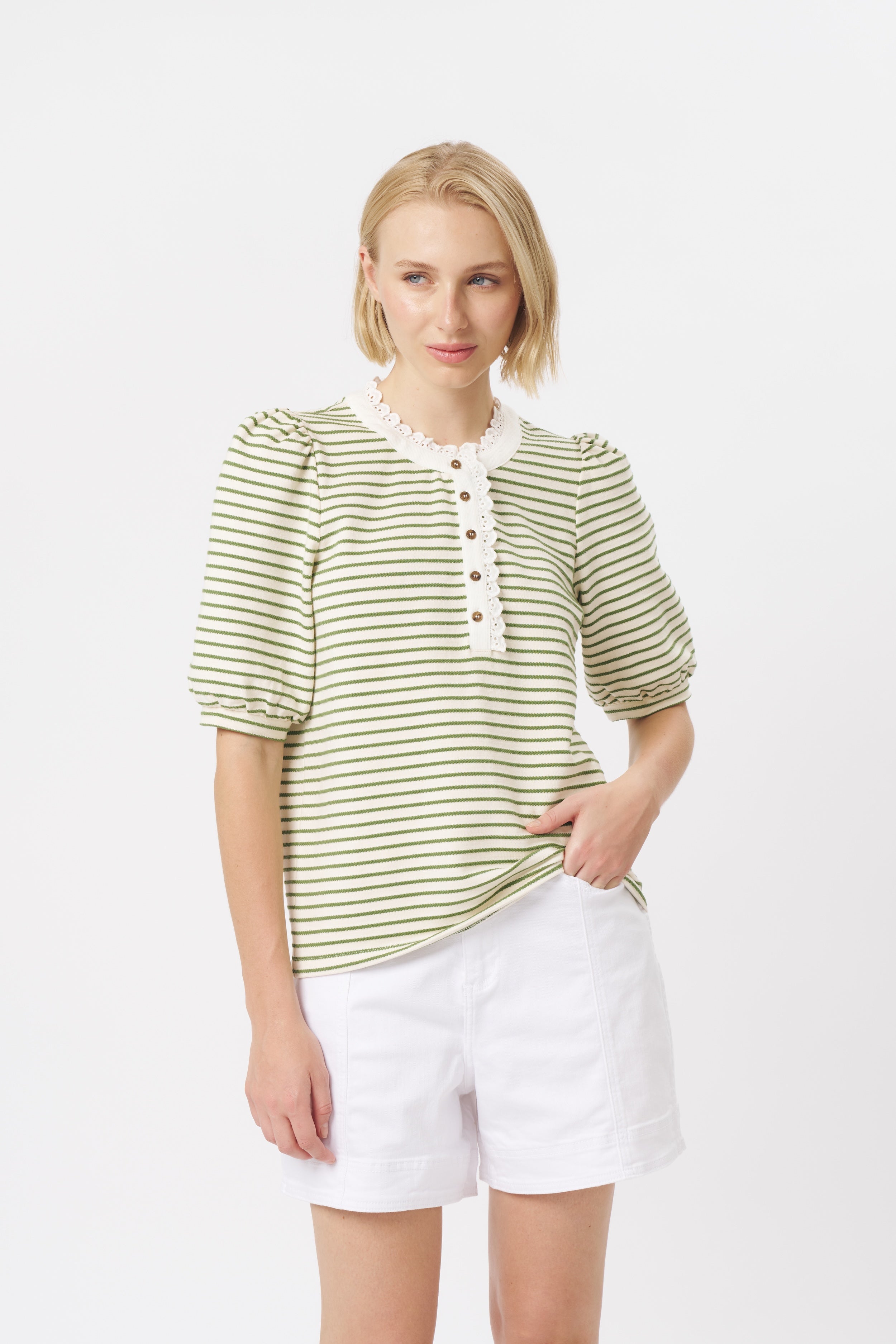 Jacqueline Top - White w/Green Stripe