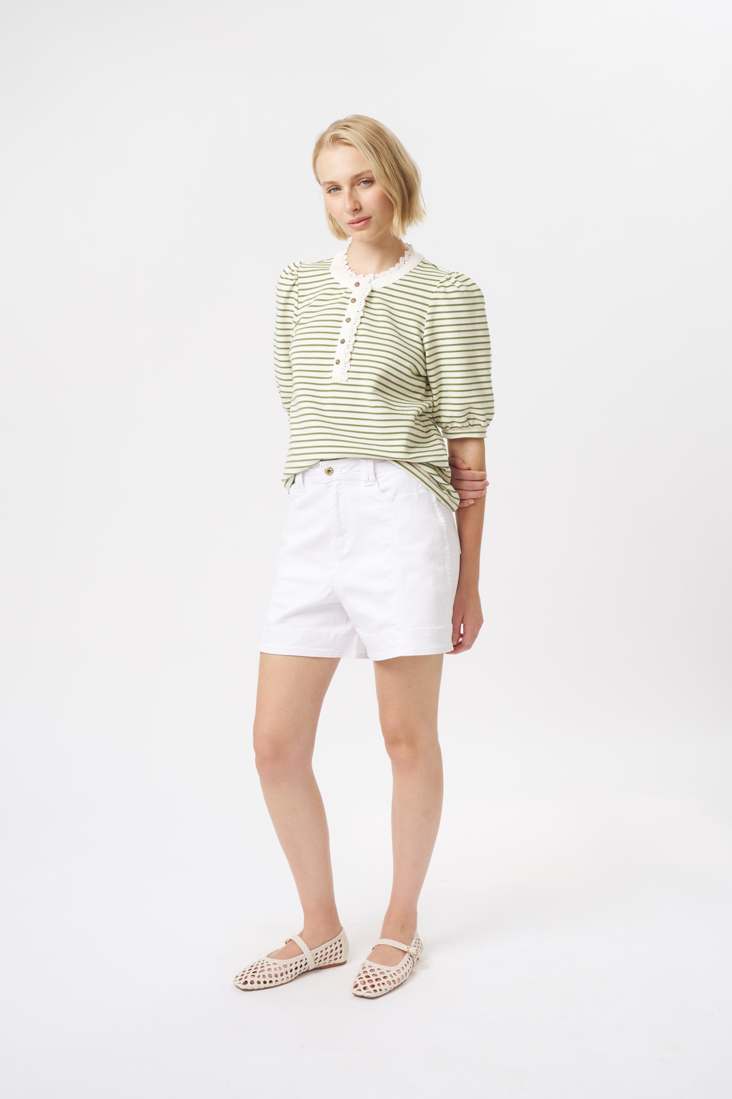 Jacqueline Top - White w/Green Stripe