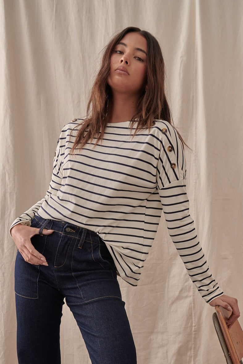 Juliette Top - White with Navy Stripe