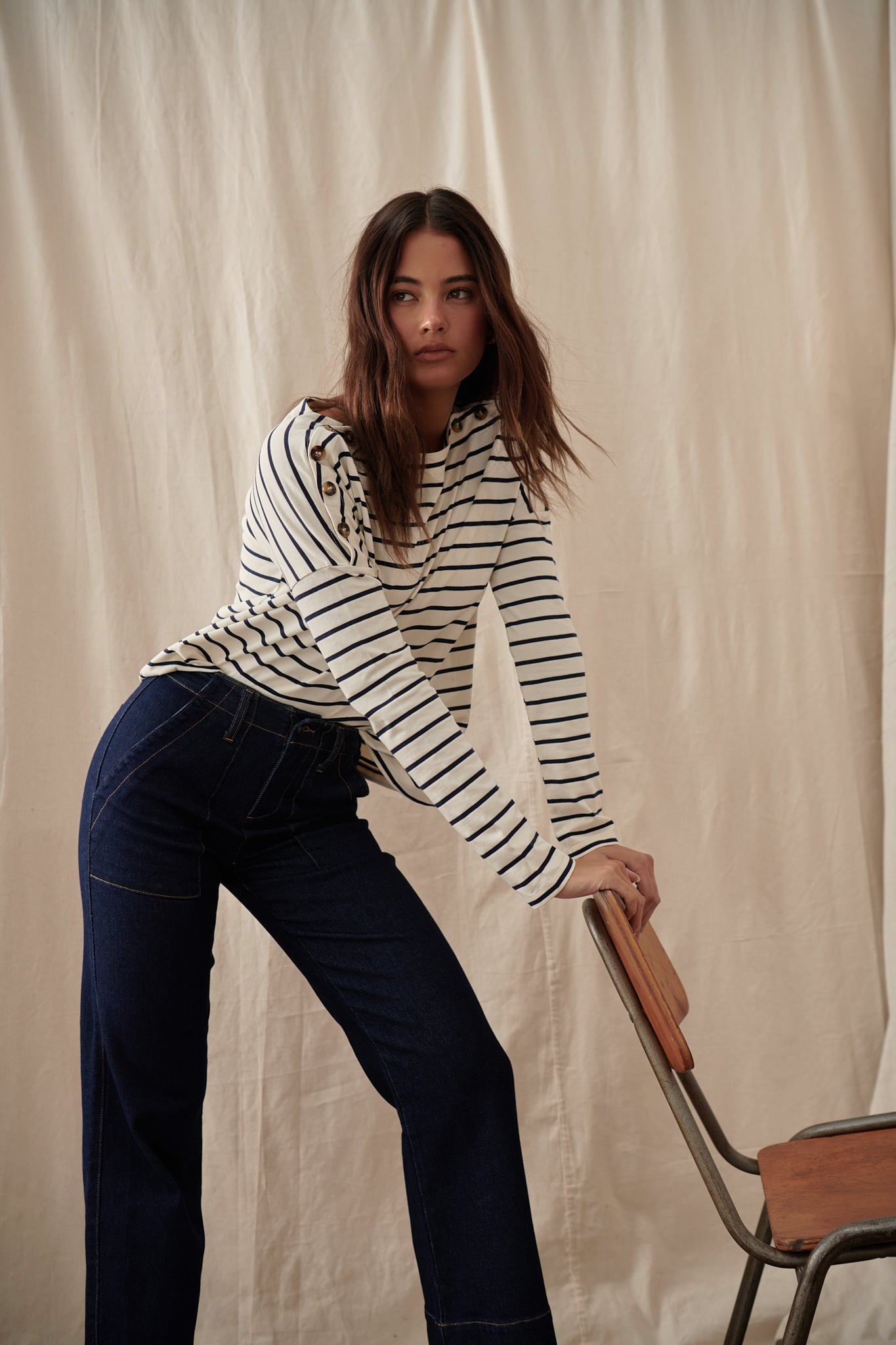 Juliette Top - White with Navy Stripe