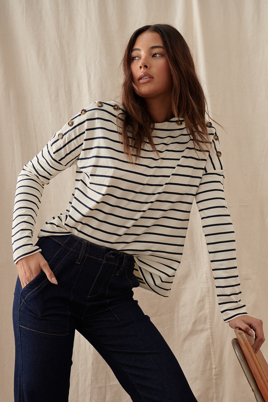 Juliette Top - White with Navy Stripe