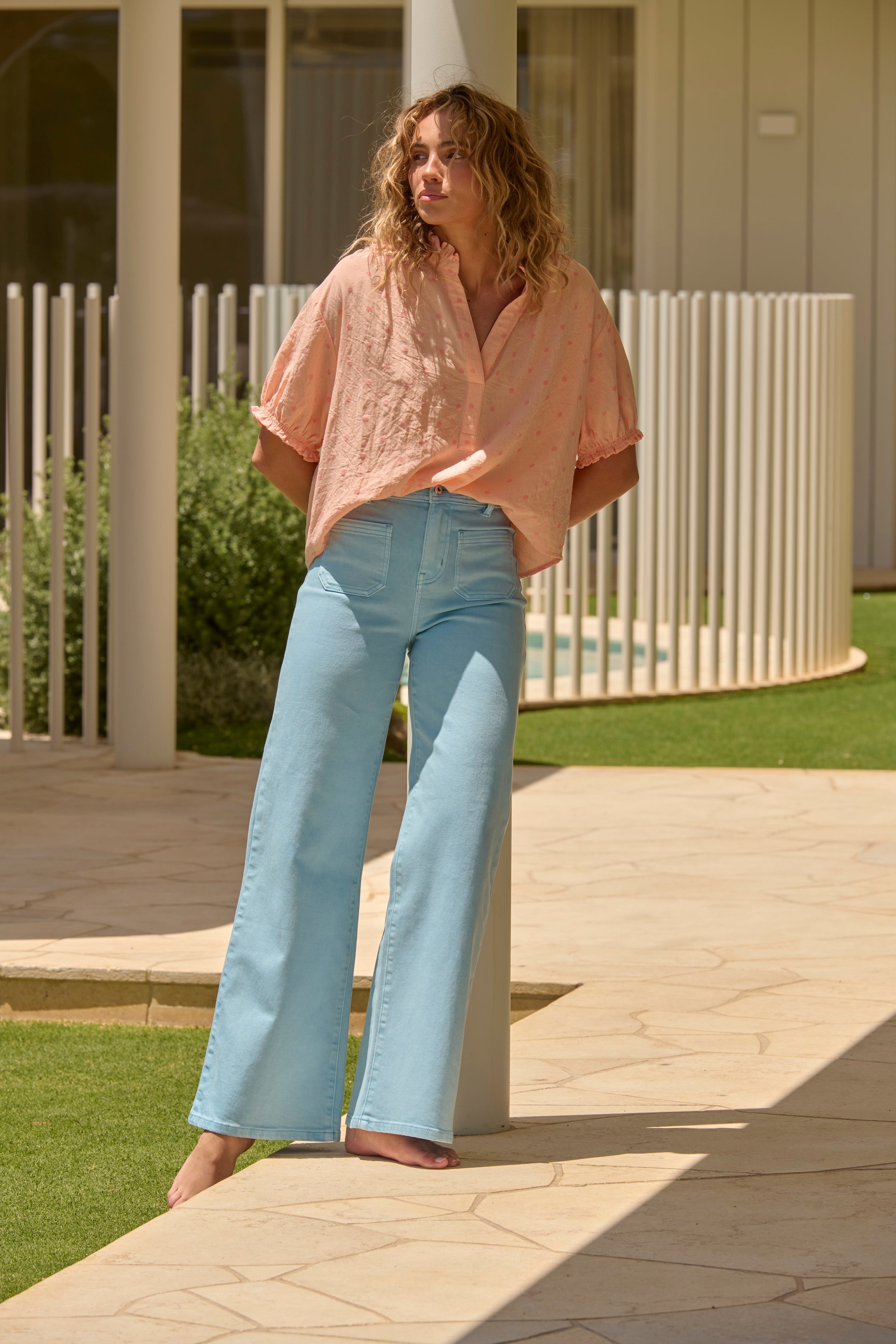 Sara Shirt - Peach w/Pink Dots