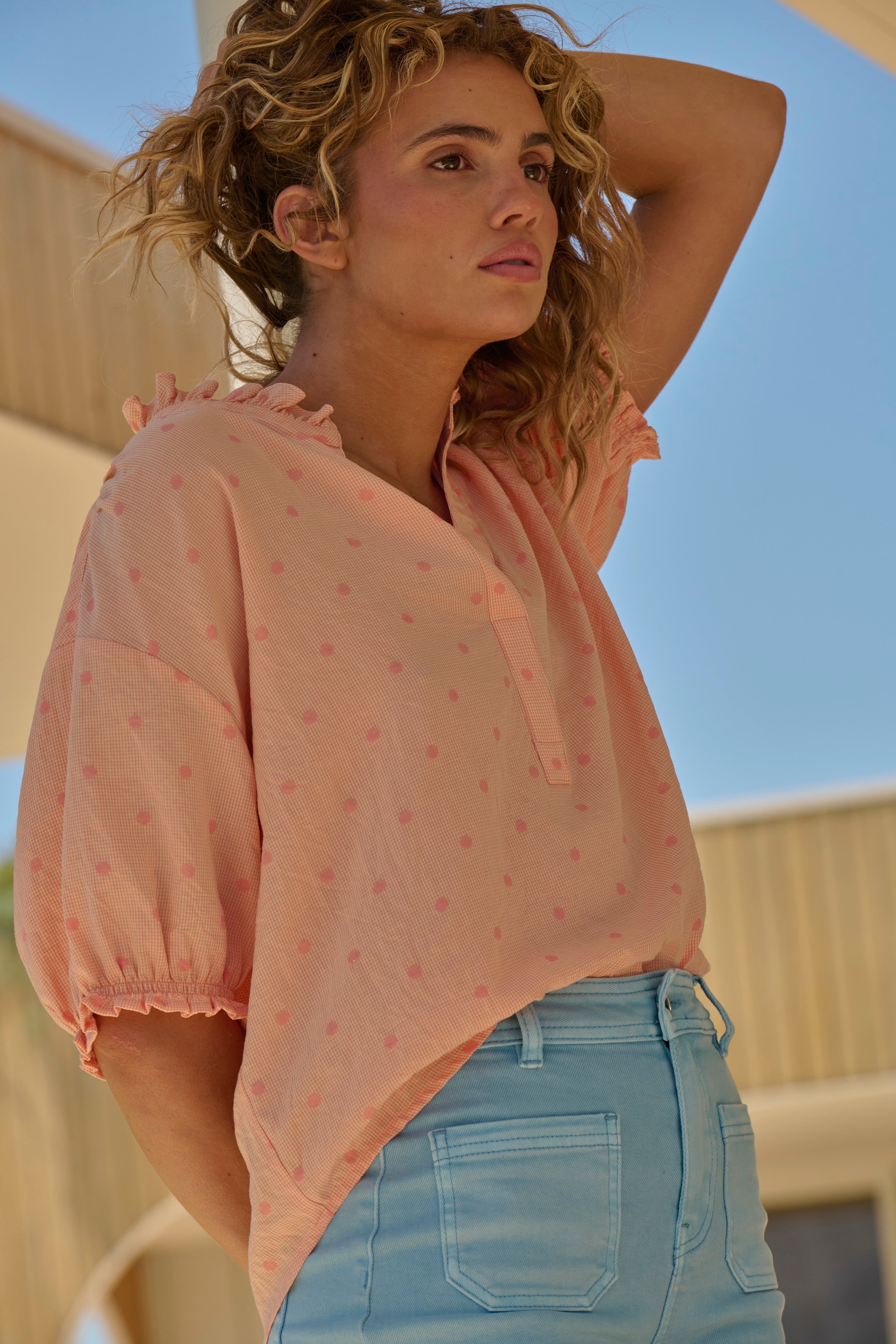 Sara Shirt - Peach w/Pink Dots