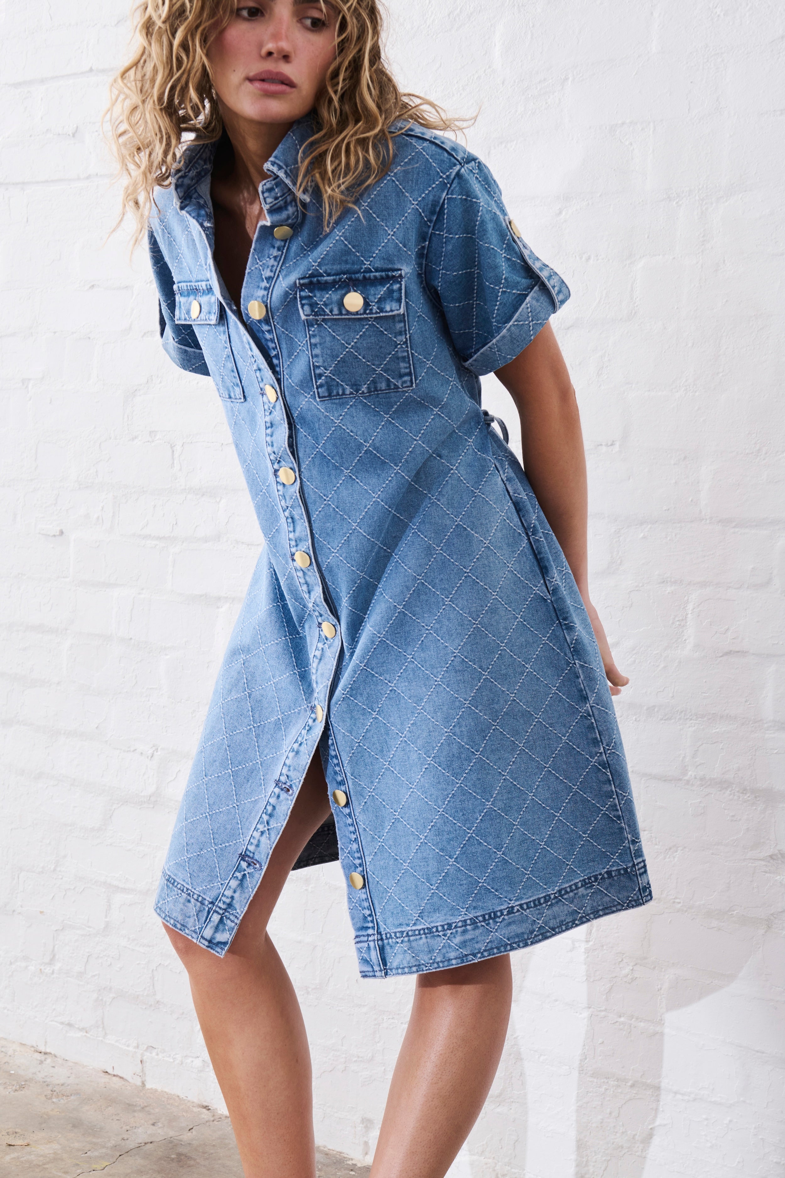 Simone Dress | Check Stitch - 70s Blue