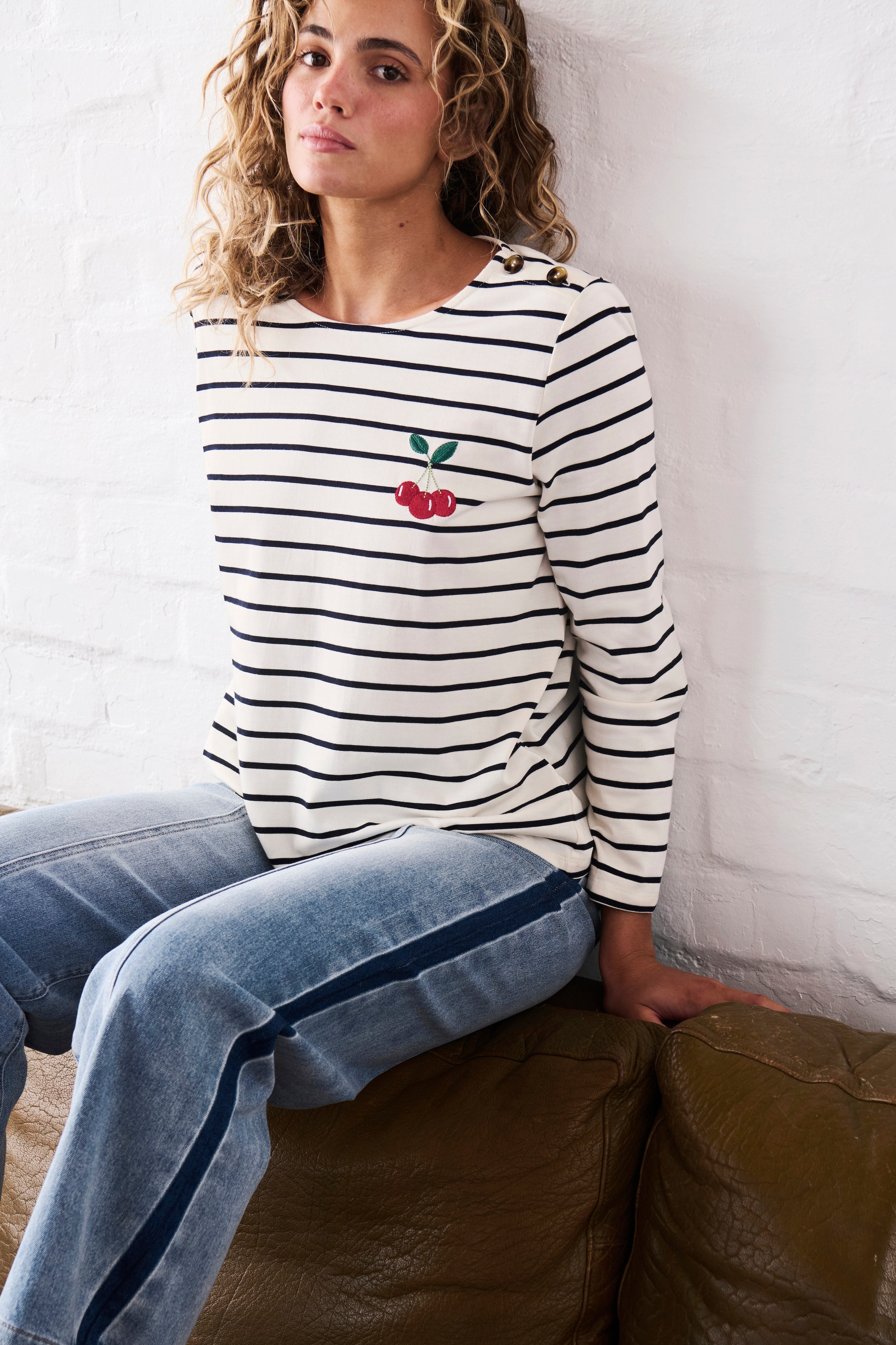Erin Top | Cherry - White with Navy Stripe - Kireina Australia