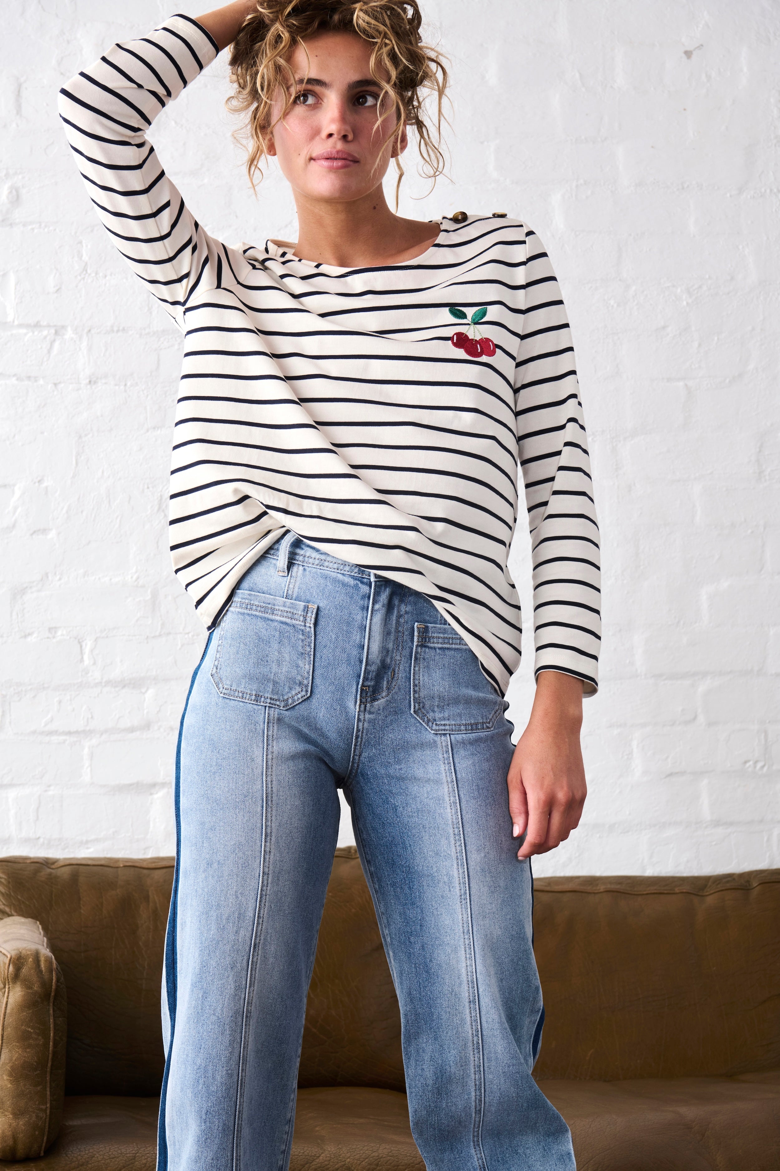Erin Top | Cherry - White with Navy Stripe