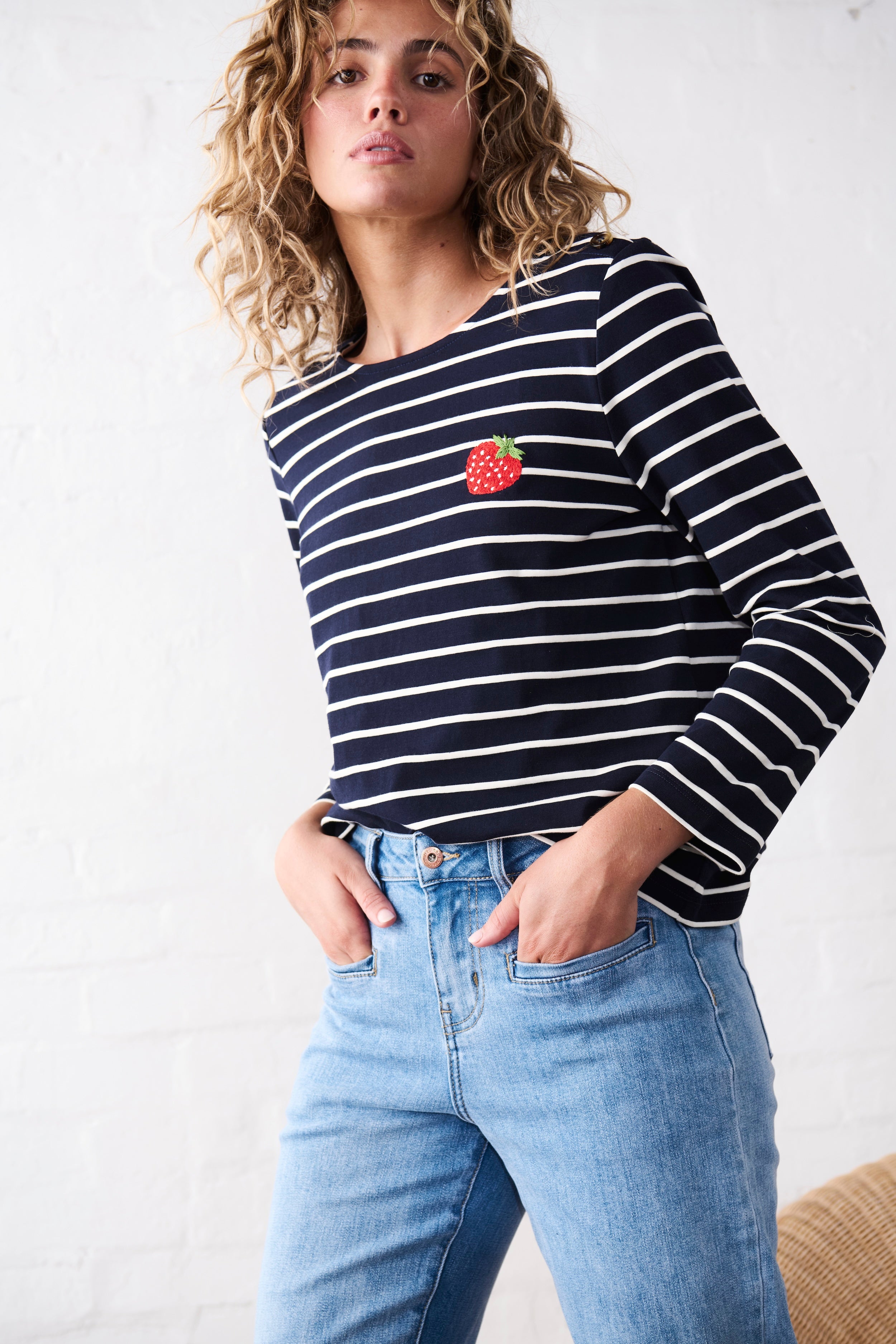 Erin Top | Strawberry - Navy with White Stripe