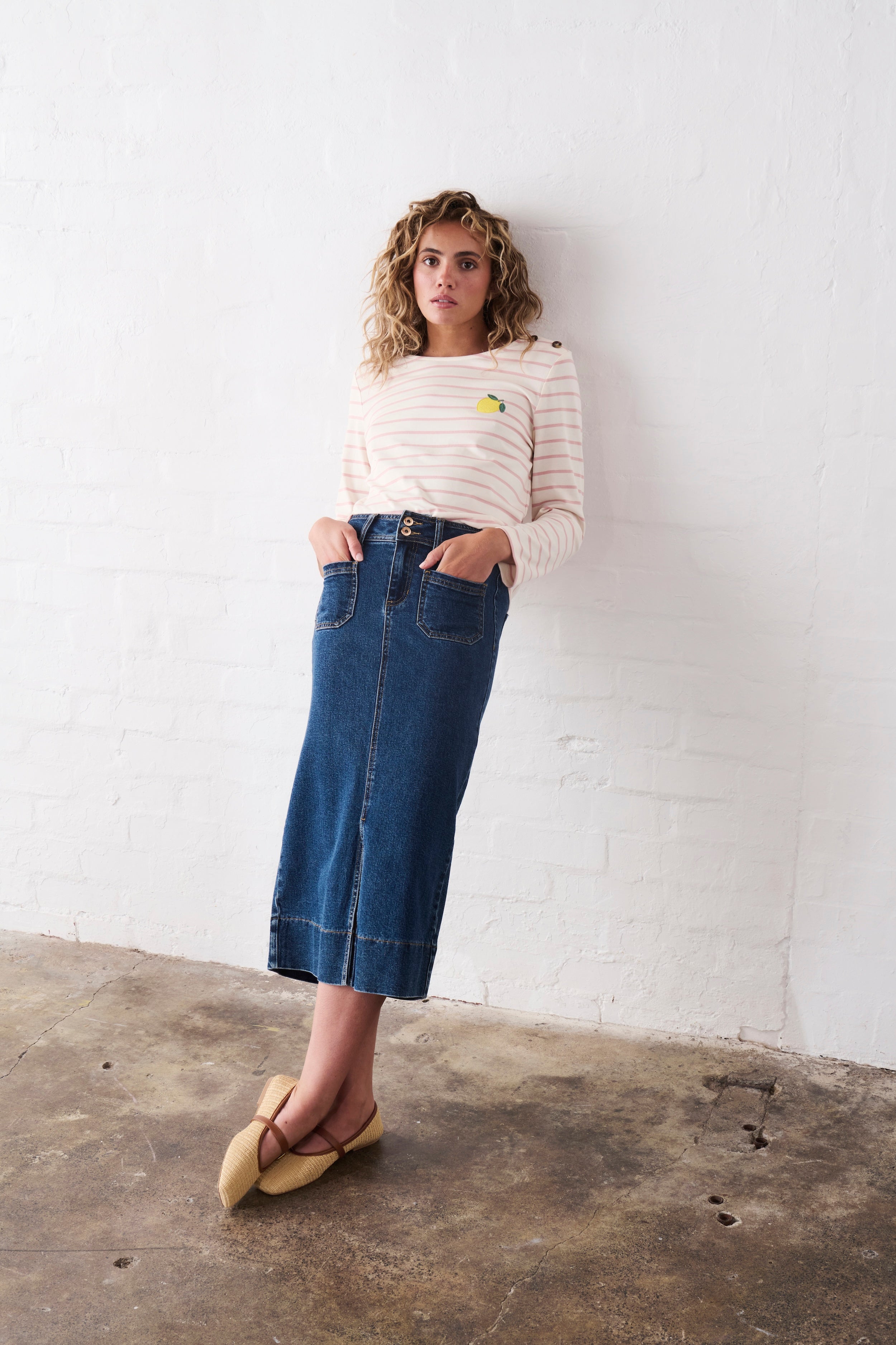 Erin Top | Lemon - White with Pink Stripe - Kireina Australia