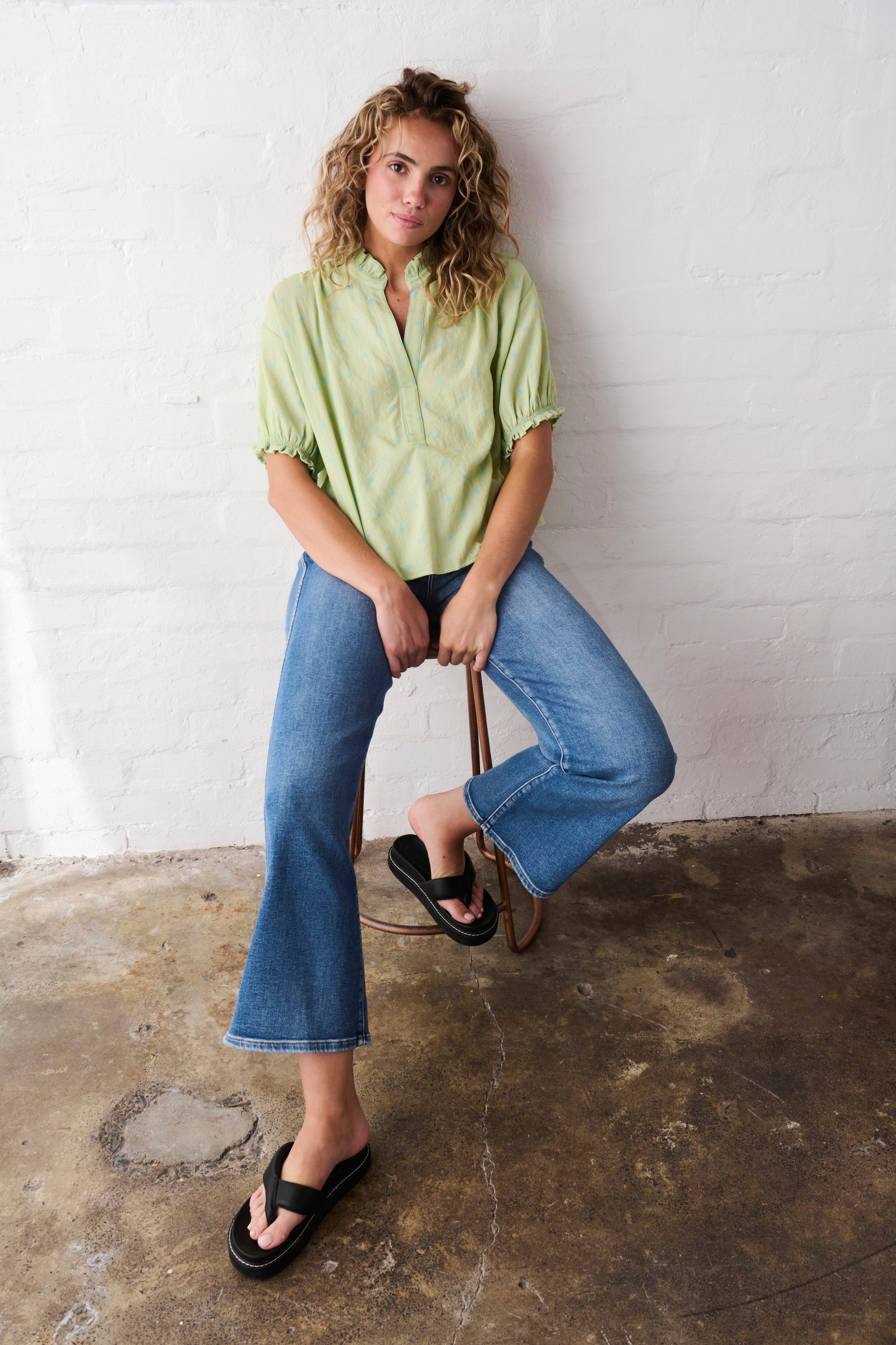 Sara Shirt - Green w/Blue Dots