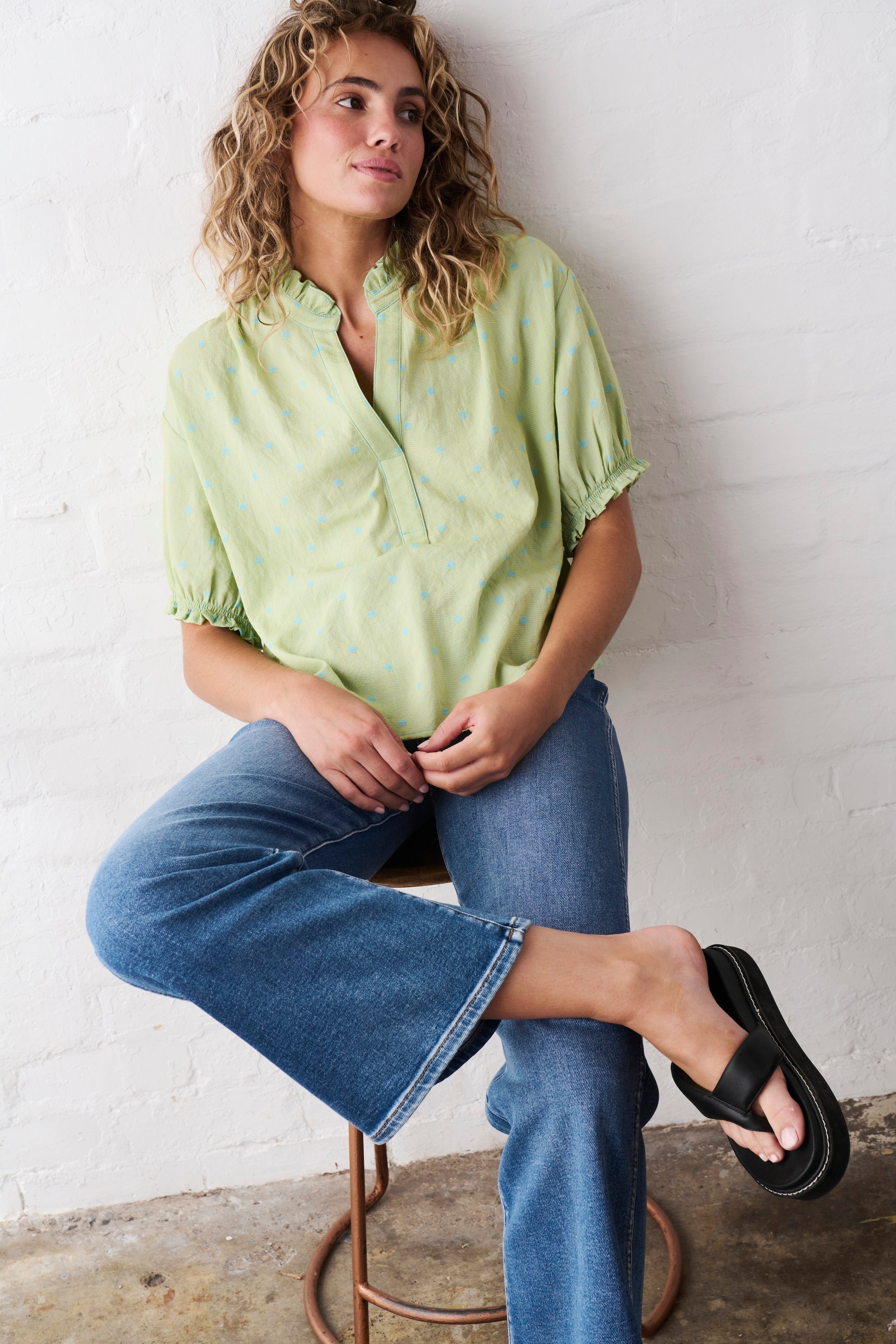 Sara Shirt - Green w/Blue Dots