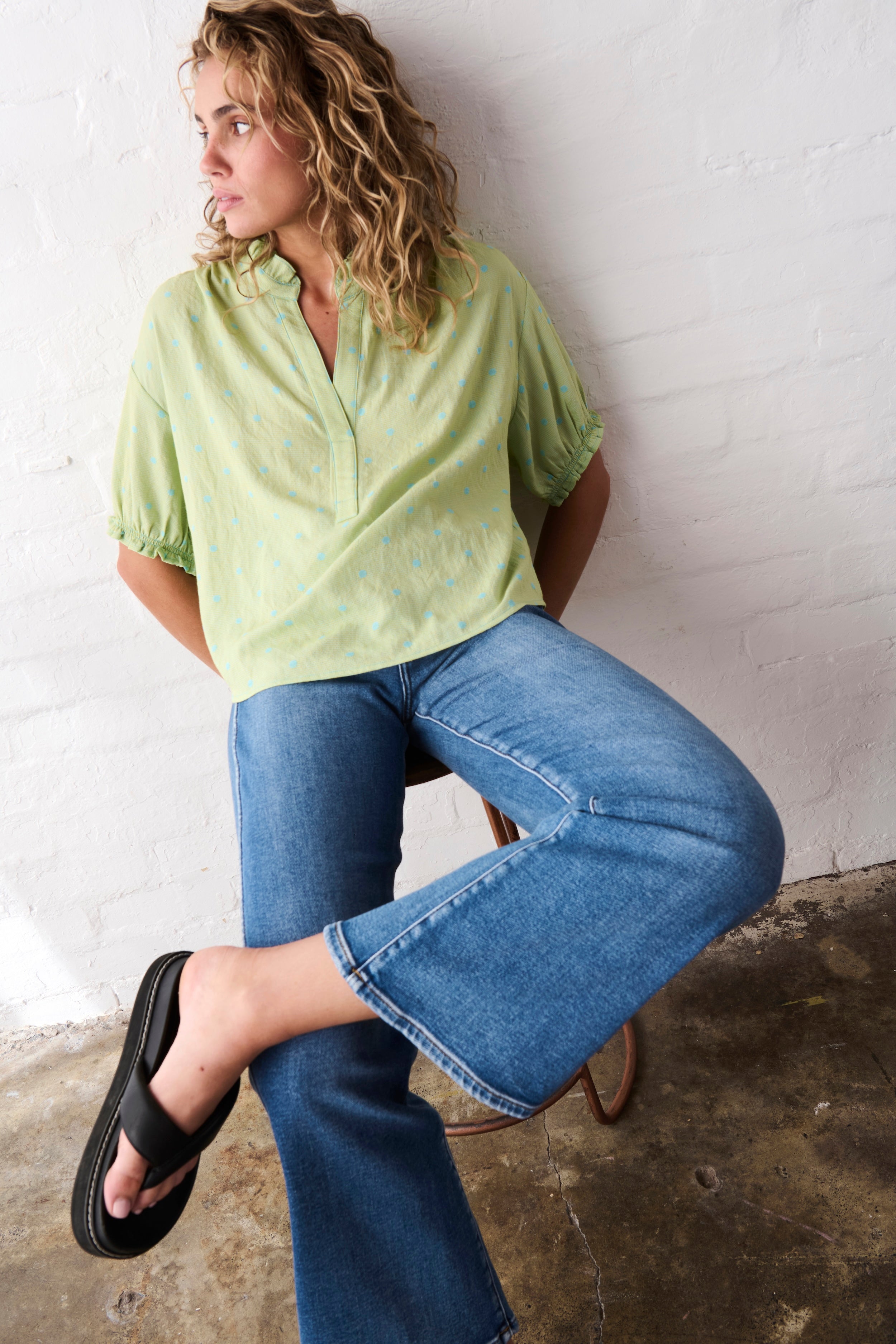 Sara Shirt - Green w/Blue Dots