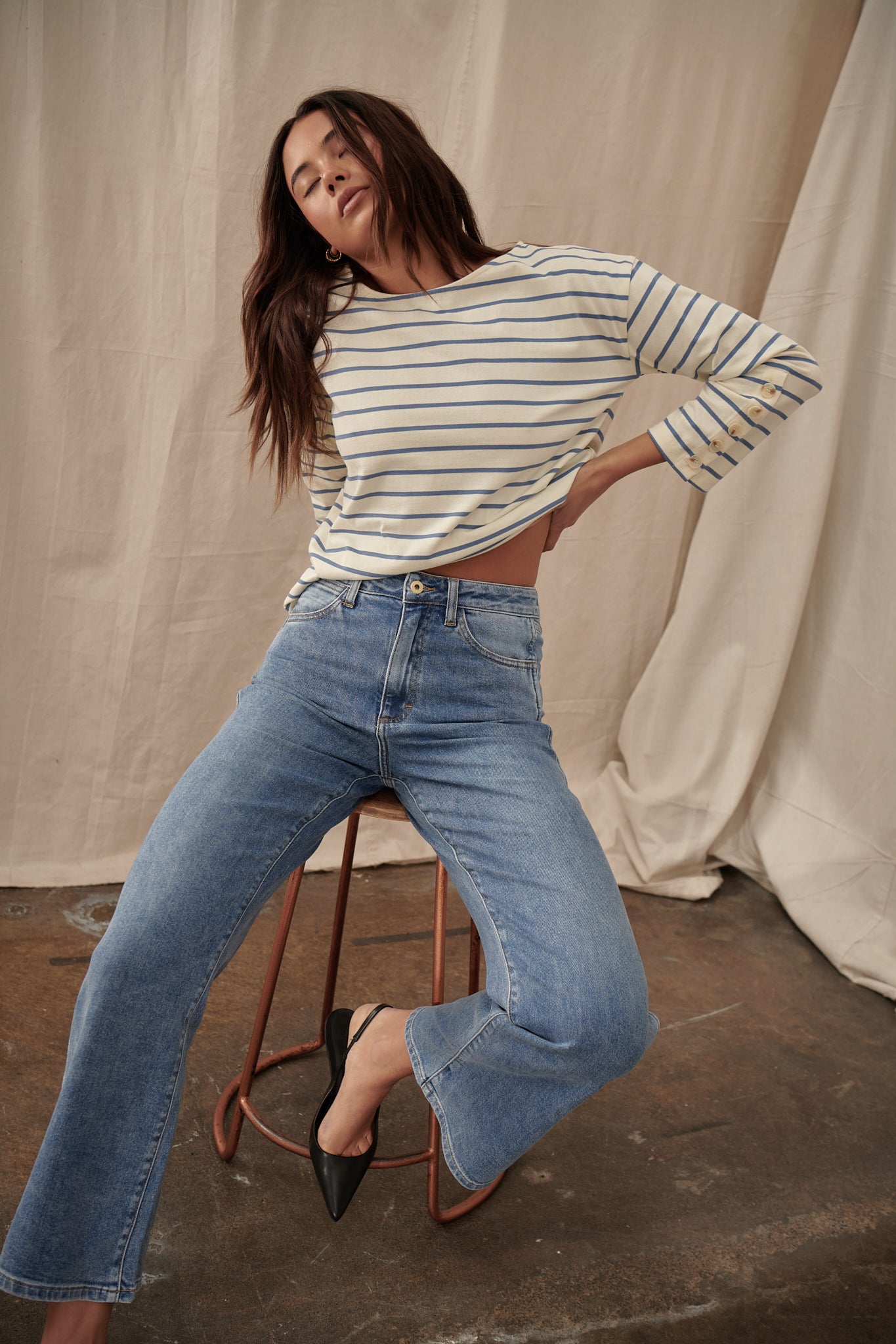 Louise Top - White with Light Blue Stripe