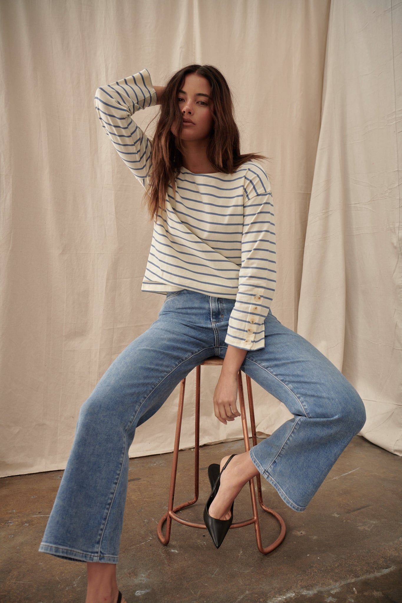 Louise Top - White with Light Blue Stripe