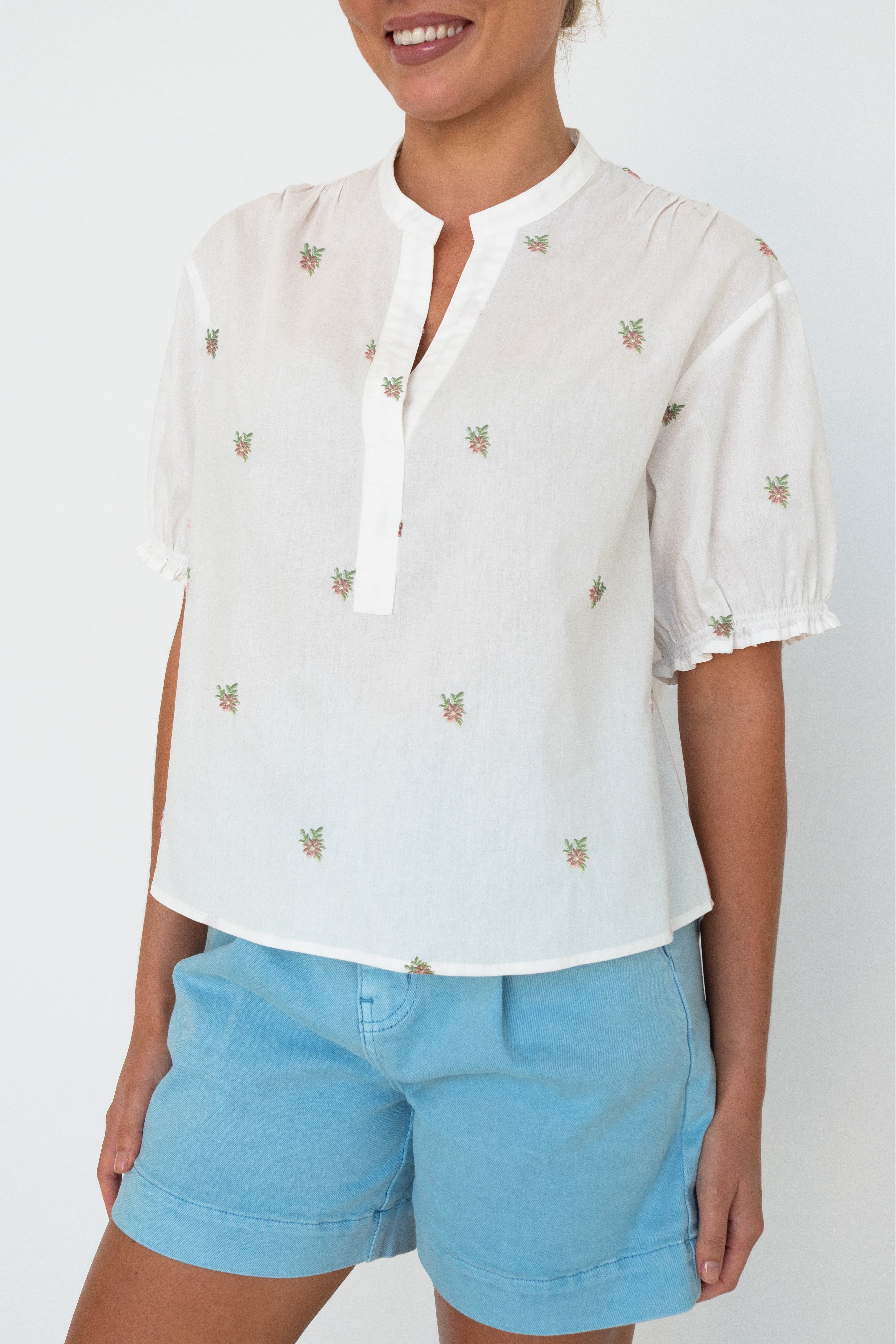 Mariana Shirt - White w/Pink Flowers