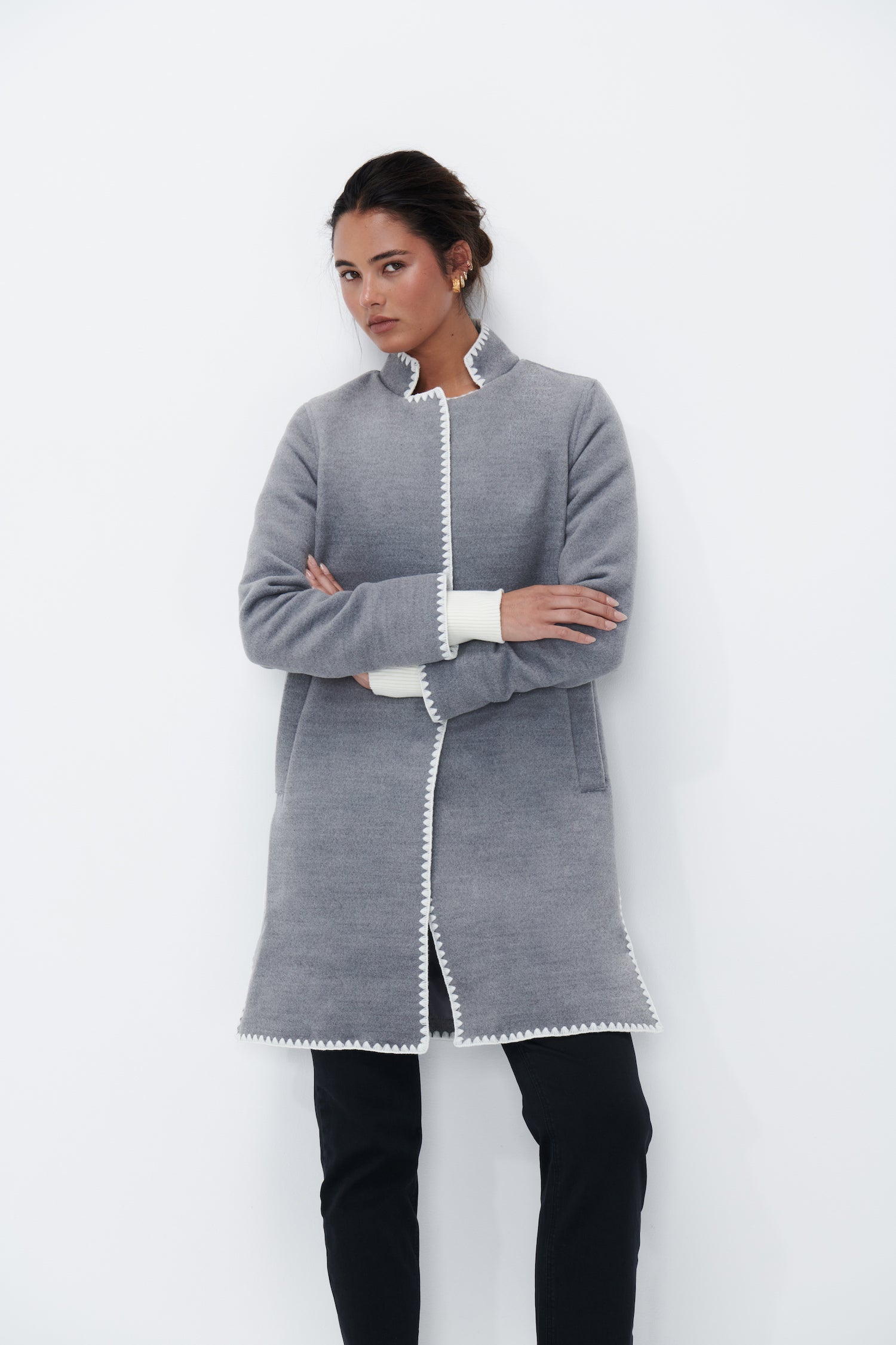 Rye Blanket Stitch Coat - Grey - Kireina Australia