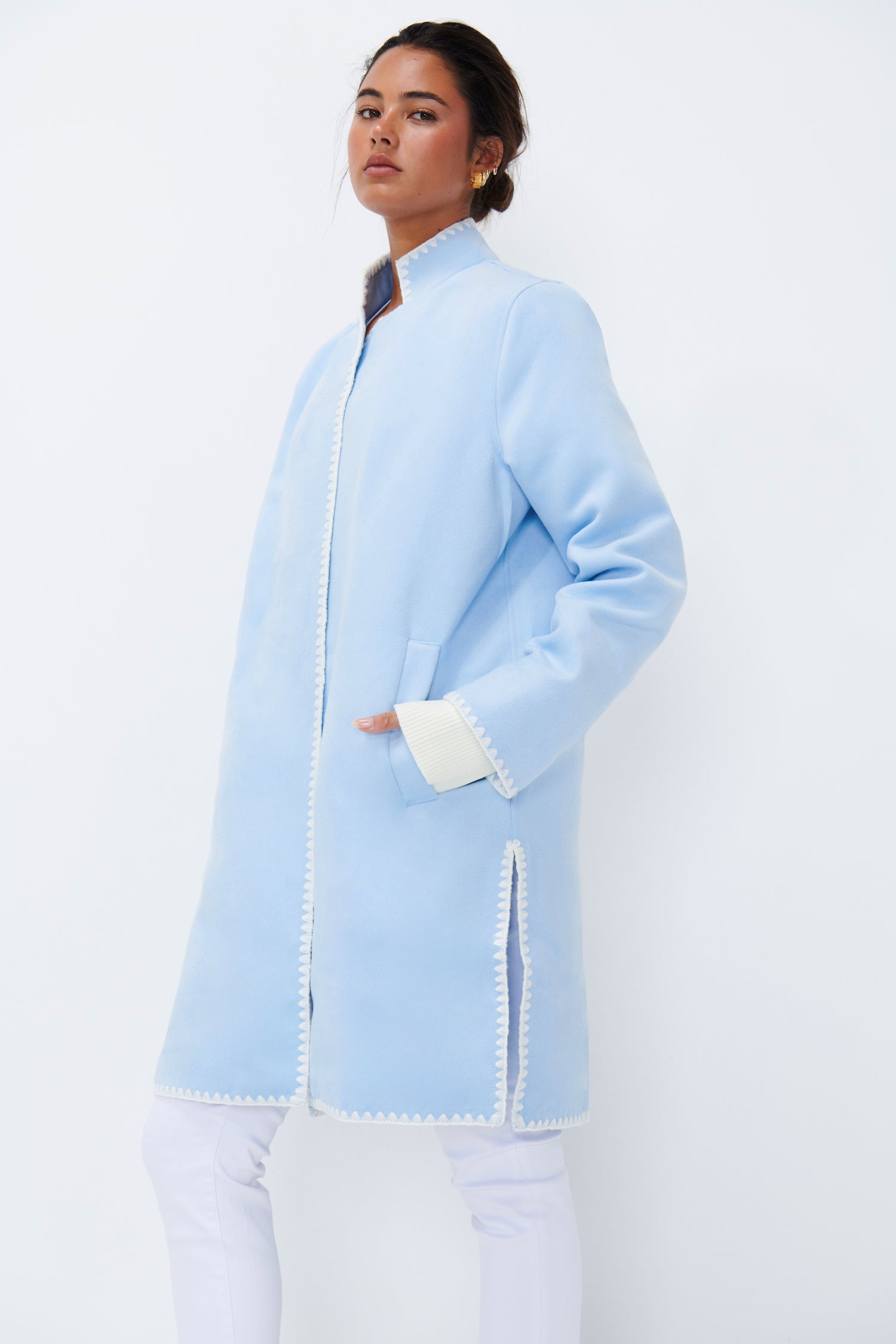 Rye Blanket Stitch Coat - Sky Blue - Kireina Australia