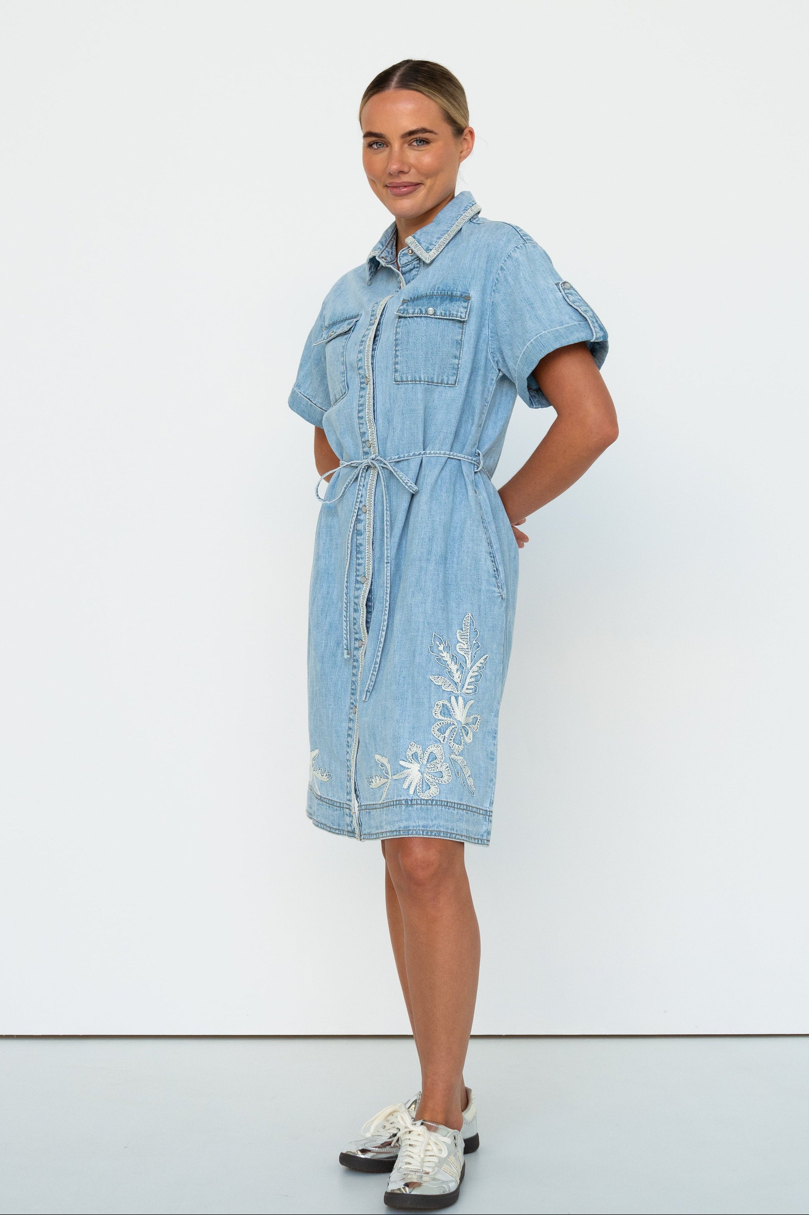 Simone Dress | Floral Embroidery - 70s Blue - Kireina Australia