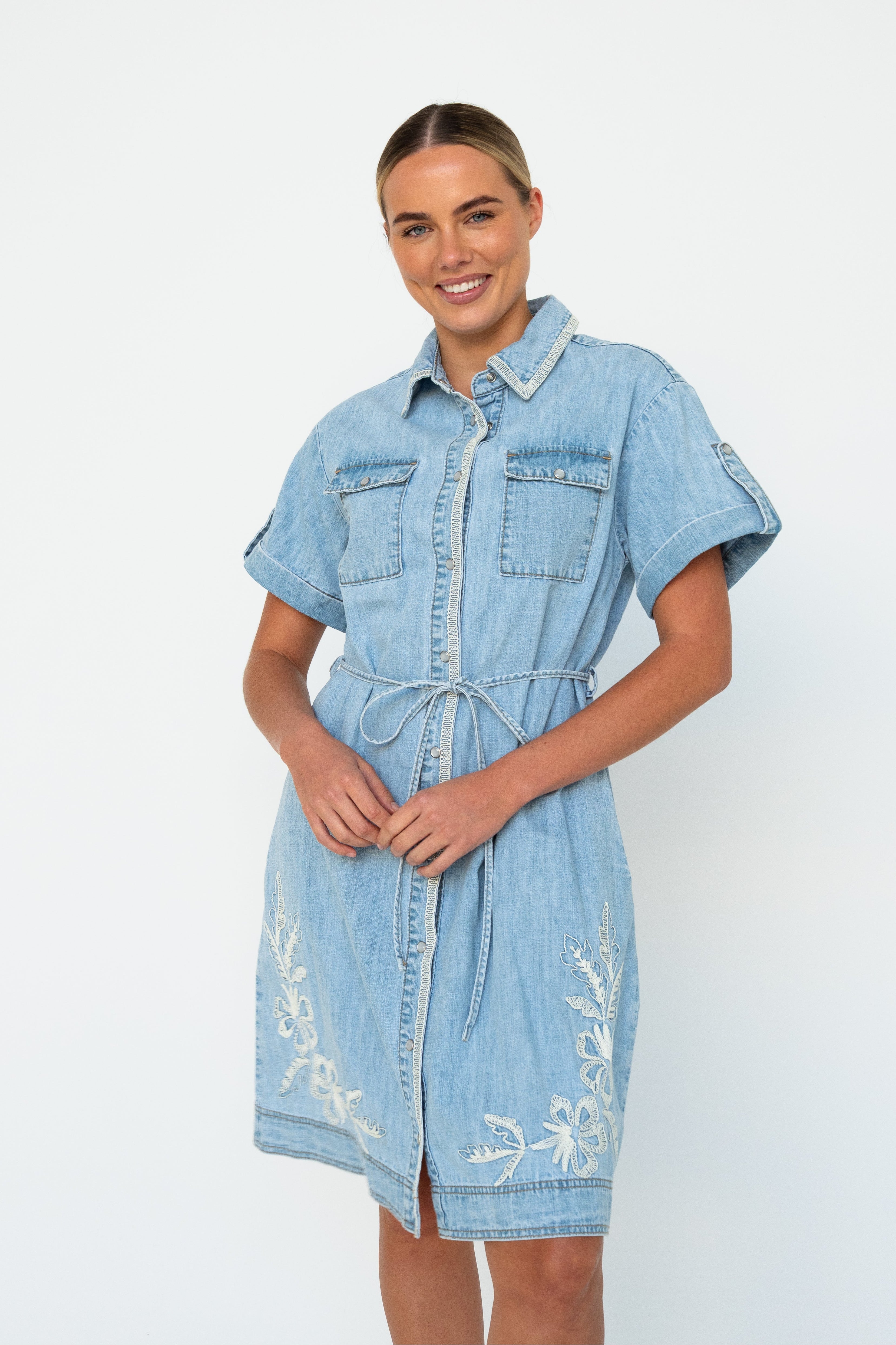 Simone Dress | Floral Embroidery - 70s Blue - Kireina Australia