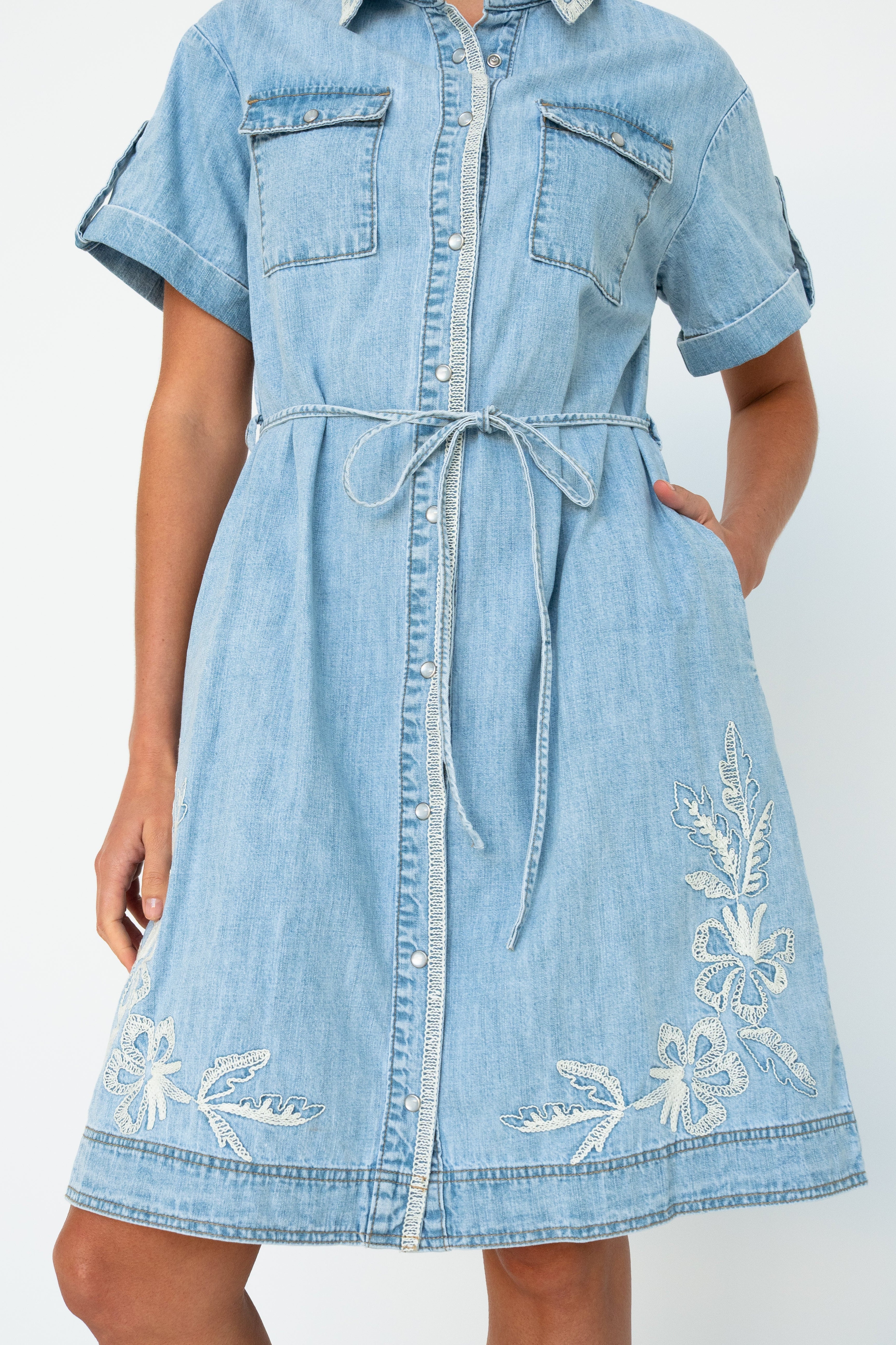 Simone Dress | Floral Embroidery - 70s Blue - Kireina Australia