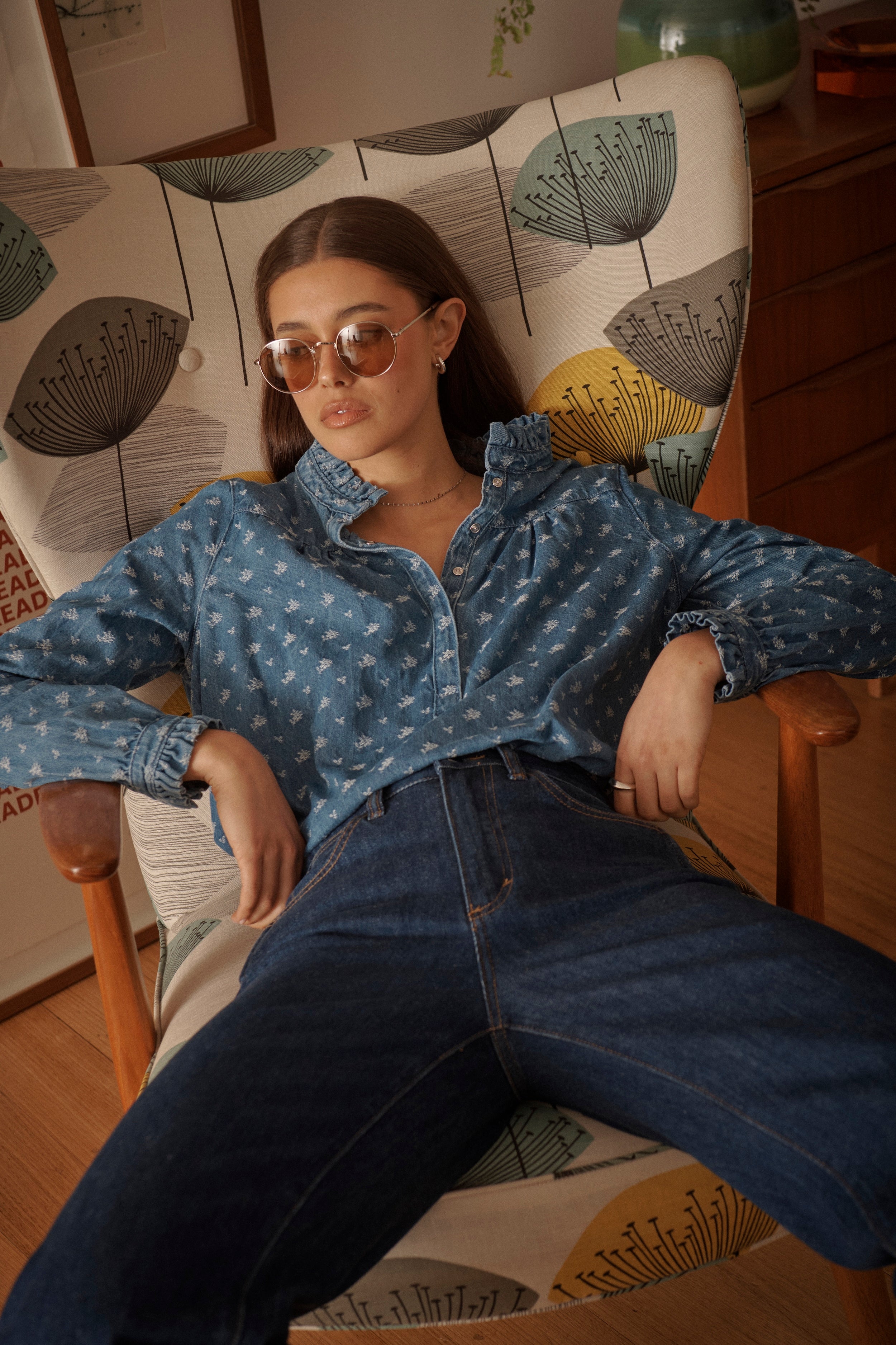 Tamara Shirt - Denim w/Flower - Kireina Australia